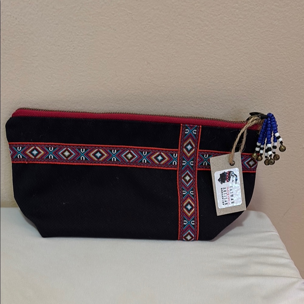 Handcrafted Taiwanese Artisan Black Makeup Bag/Clutch/Pencil Case Ribbon Accents